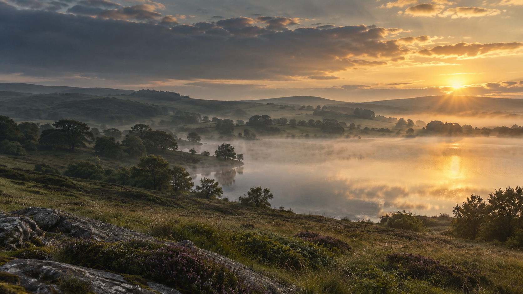 Peaceful countryside with a still lake, morning mist and soft sunrise