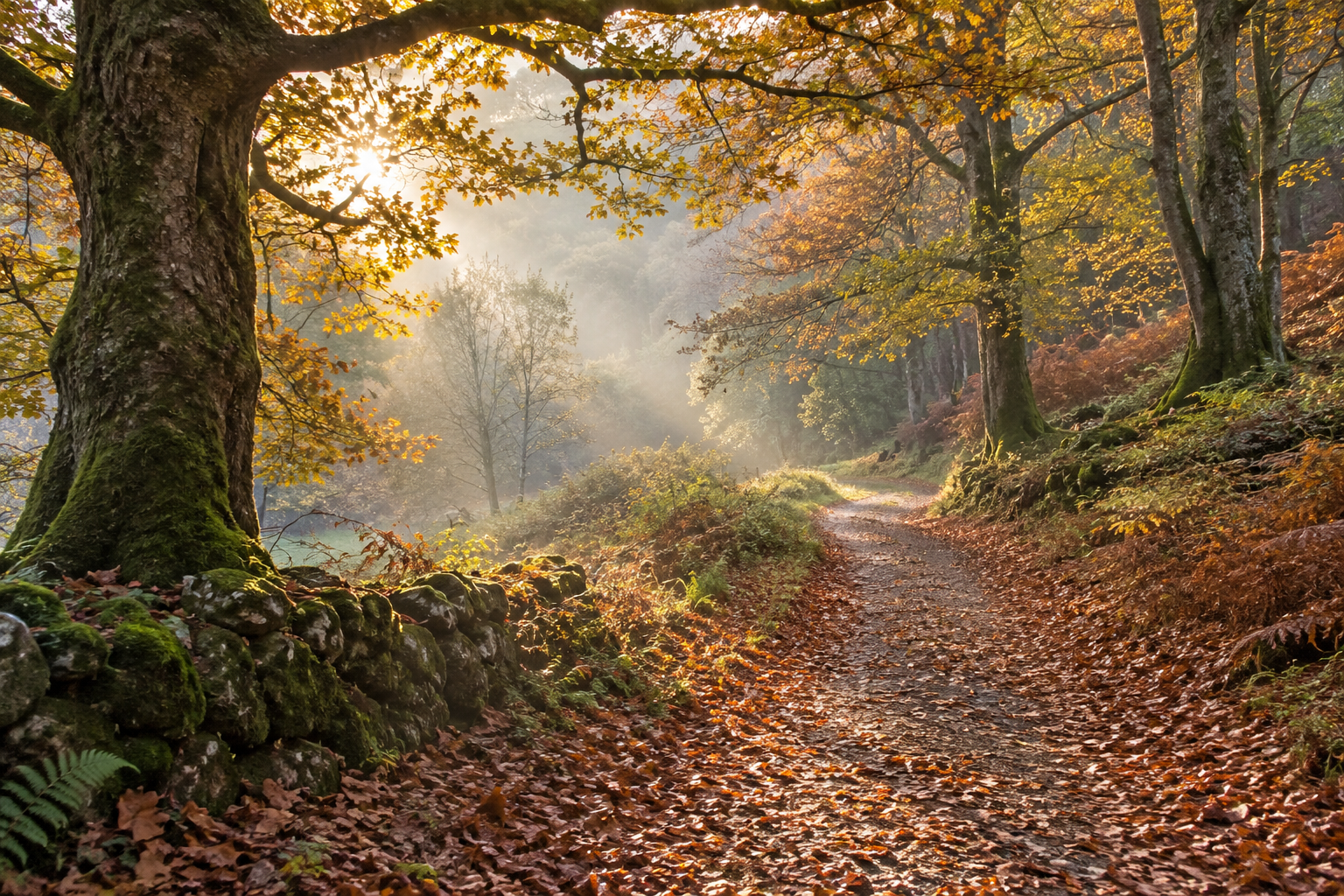 A quiet woodland path in warm morning light