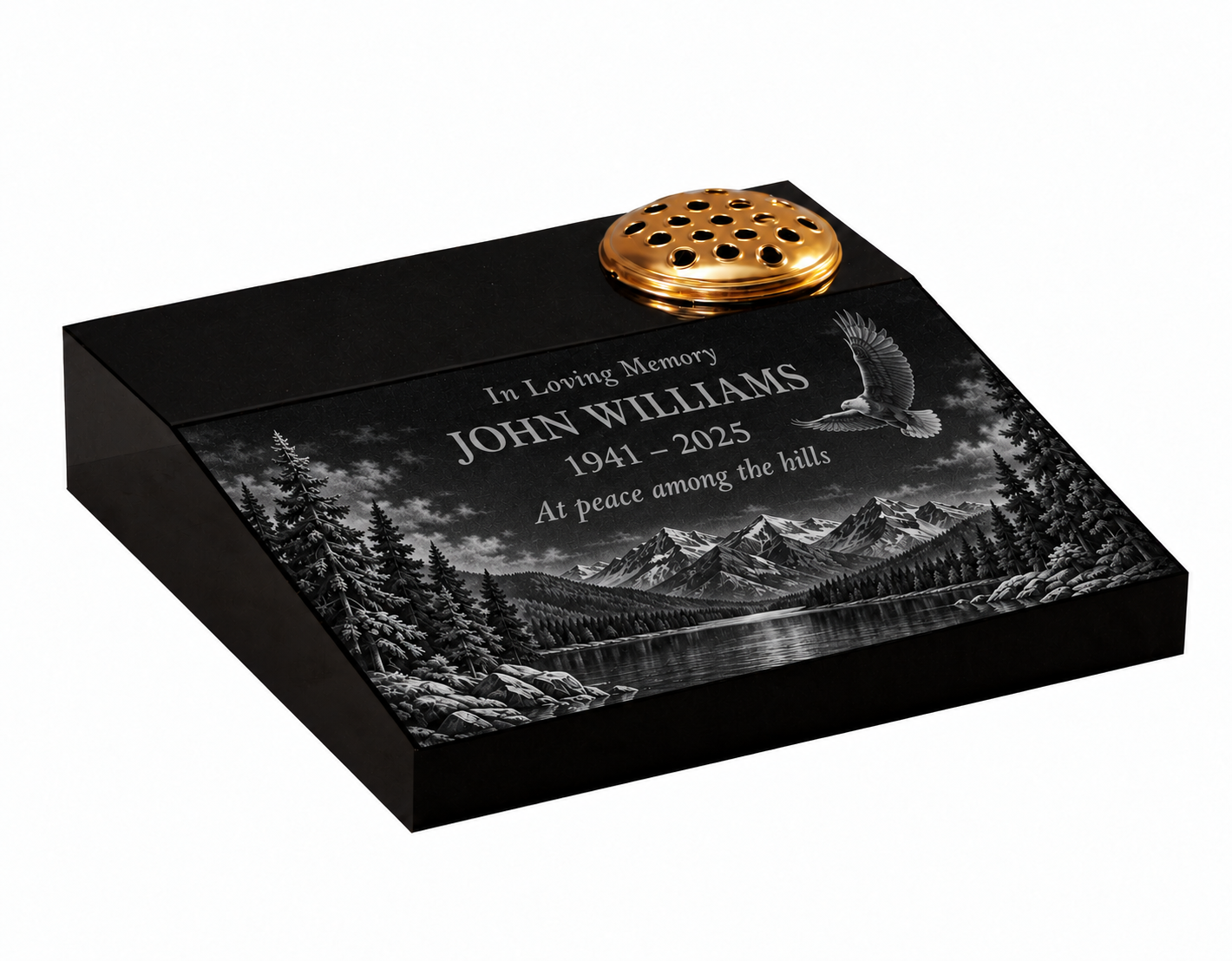 Full-face monochrome laser etched mountain lake desk with fictional sample inscription
