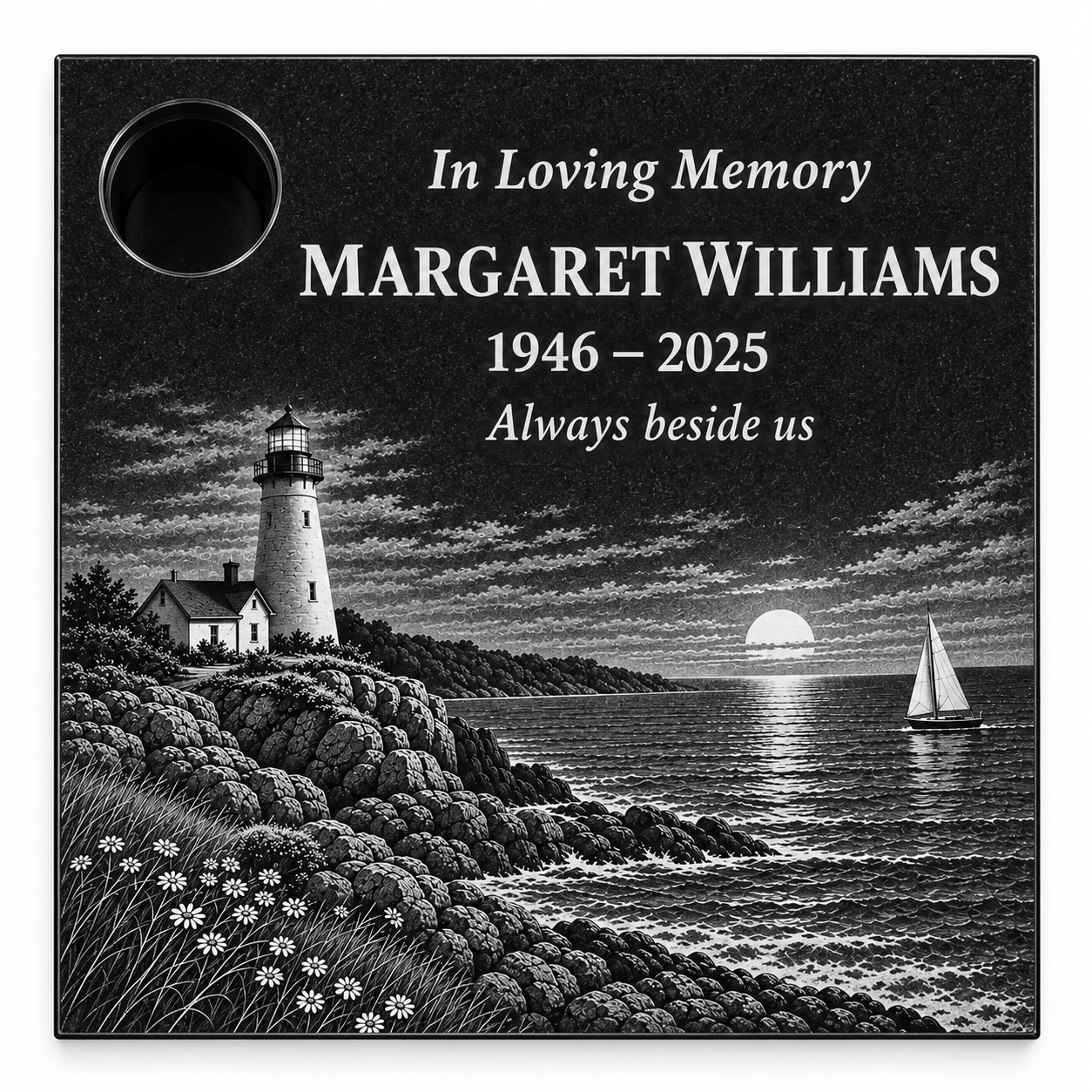 Full-face monochrome laser etched coastal lighthouse plaque with fictional sample inscription